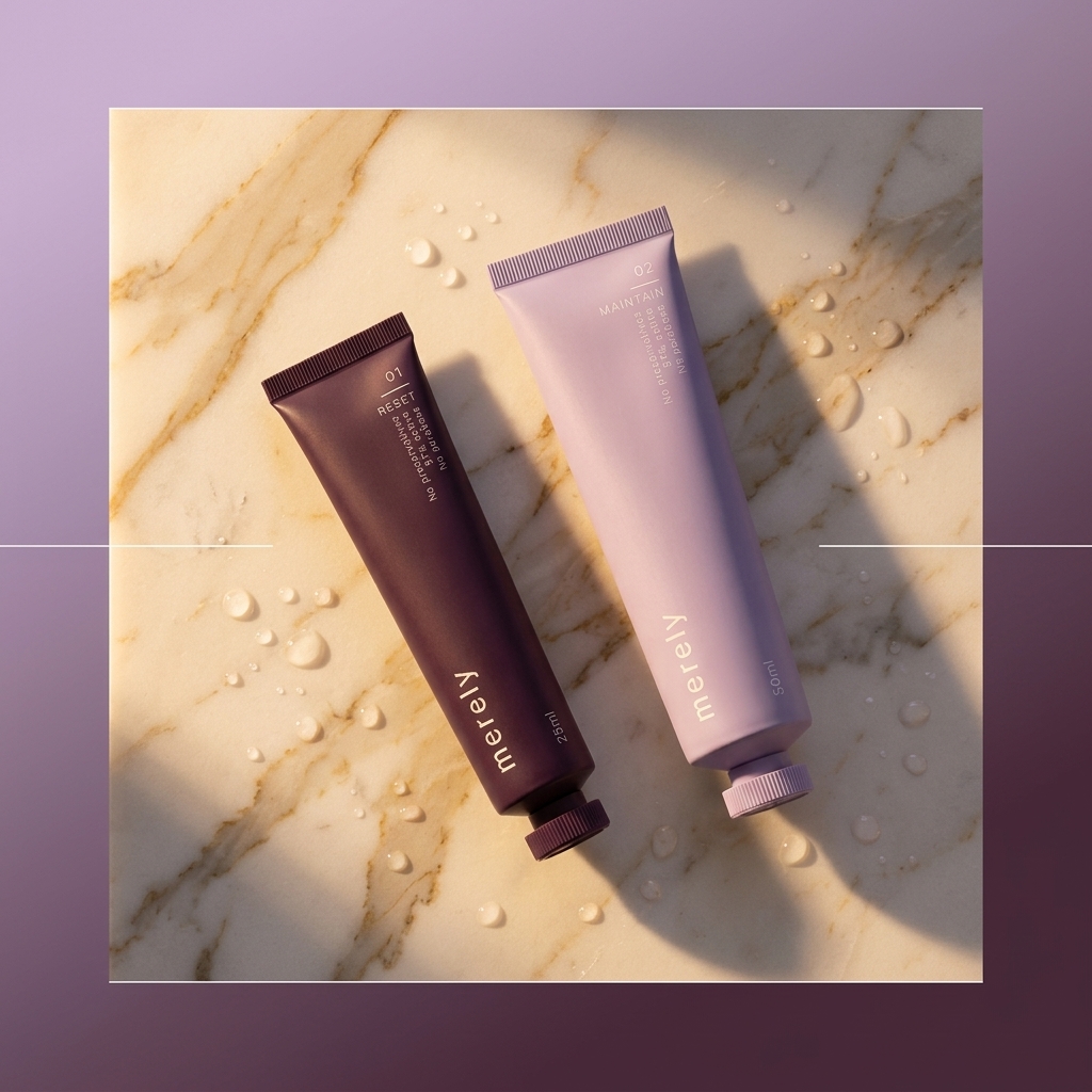 Product flat-lay — tubes on marble with botanical elements