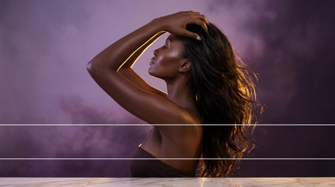 Lifestyle wide — bathroom shelfie with products in soft natural light