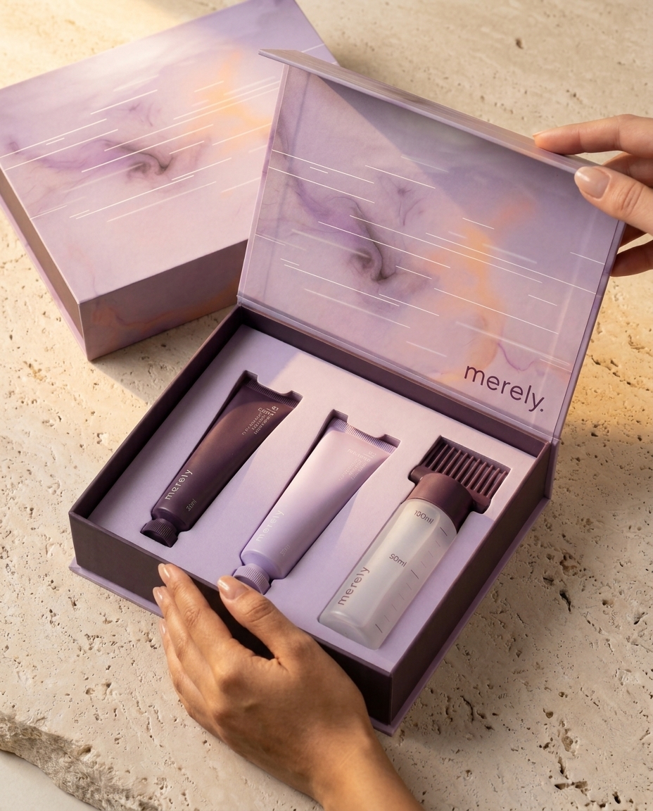 The merely box open — products nestled in plum tissue, foil-stamped lid